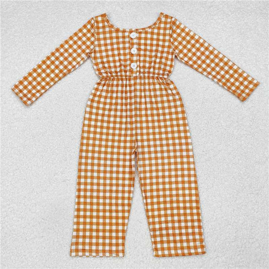 12.12 RTS NO MOQ （In stock）Matching LR1840 Baby Girls Khaki Checkered Long Sleeve Fall Jumpsuits