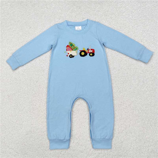 RTSLR1508 Embroidered Christmas tree tractor blue zip-up long-sleeved jumpsuit