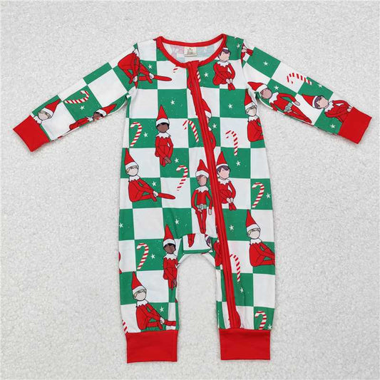 RTS LR1817 Modal Christmas Elf Cane Green and White Plaid Zipper Long Sleeve Bodysuit