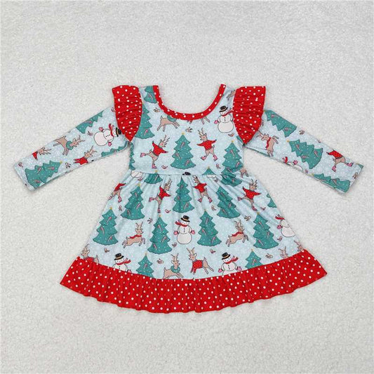 11.21 RTS NO MOQ （In stock）GLD0794 Baby Girls Christmas Tree Snowman Knee Length Dresses
