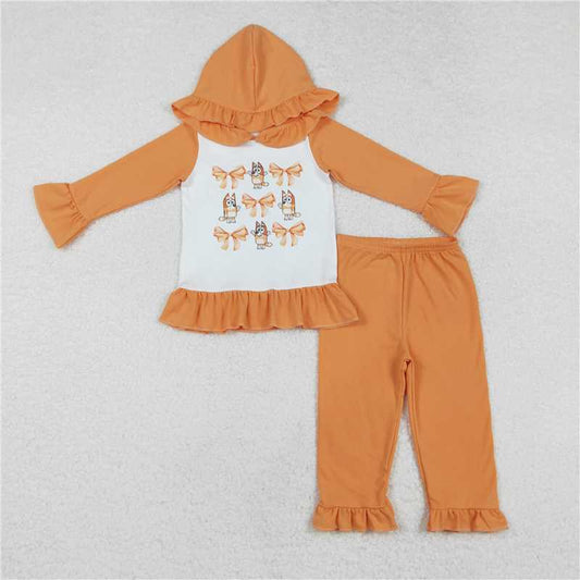 GLP1948  Baby Girls Orange Dogs Bow Hooded Top Pants Clothes Sets