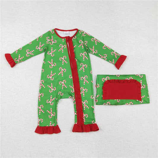 11.29 RTS NO MOQ （In stock）LR1236 Baby Infant Girls Christmas Candy Cane Long Sleeve Zip Rompers