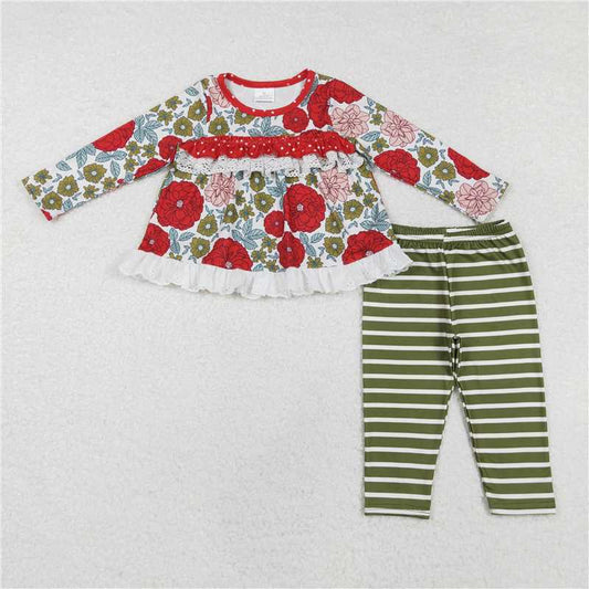 GLP2099Red floral tunic green stripe leggings girls Christmas clothes