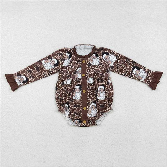 11.29 RTS NO MOQ （In stock）LR1971 Baby Infant Girls Christmas Santa Camo Ruffle Buttons Rompers