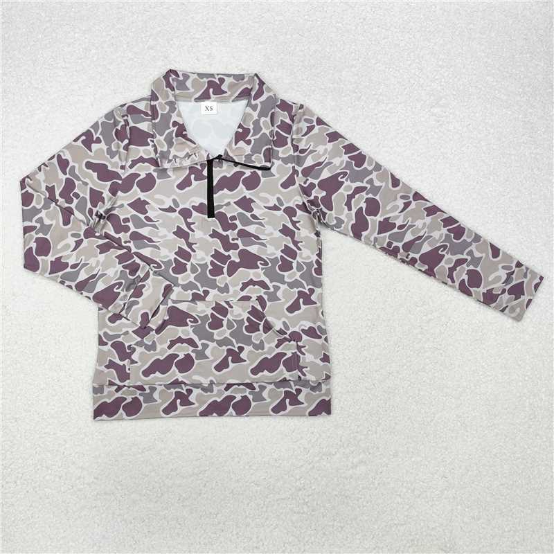 USA Shop (in stock)GT0827 Adult Women Dark Grey Camo Long Sleeve Tee Shirts Zip Pullovers Tops