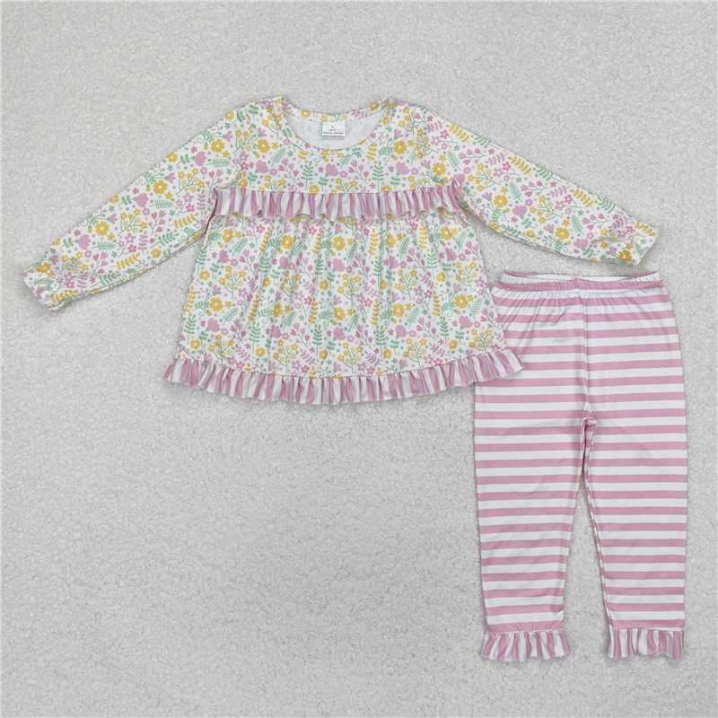 GLP2119Pink floral ruffle tunic stripe pants girls clothing set