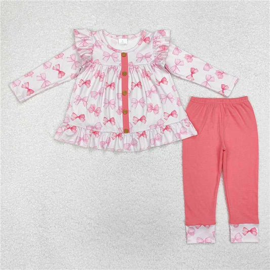 GLP1958Pink bow ruffle tunic leggings kids girls clothing set