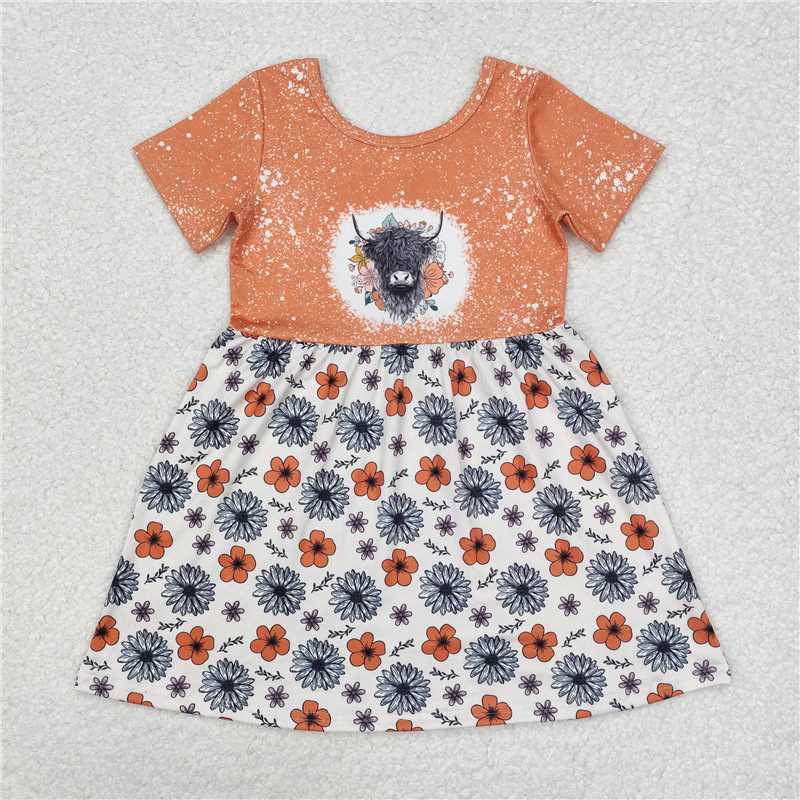 GSD1253  Sibling Sisters Baby Girls Highland Cow Flowers Short Sleeve Dresses Clothes Sets