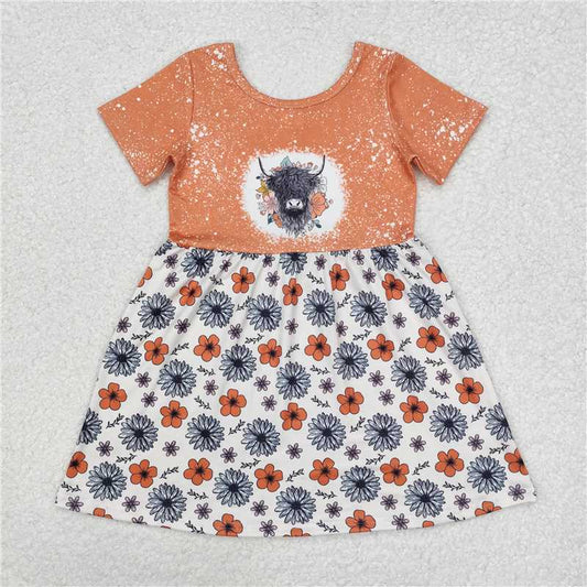 GSD1253  Sibling Sisters Baby Girls Highland Cow Flowers Short Sleeve Dresses Clothes Sets