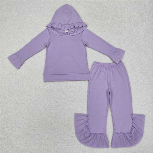 10.30 RTS NO MOQ （In stock）Matching GLP2060 Baby Girls Lavender Hooded Ruffle Top Bell Pants Clothes Sets