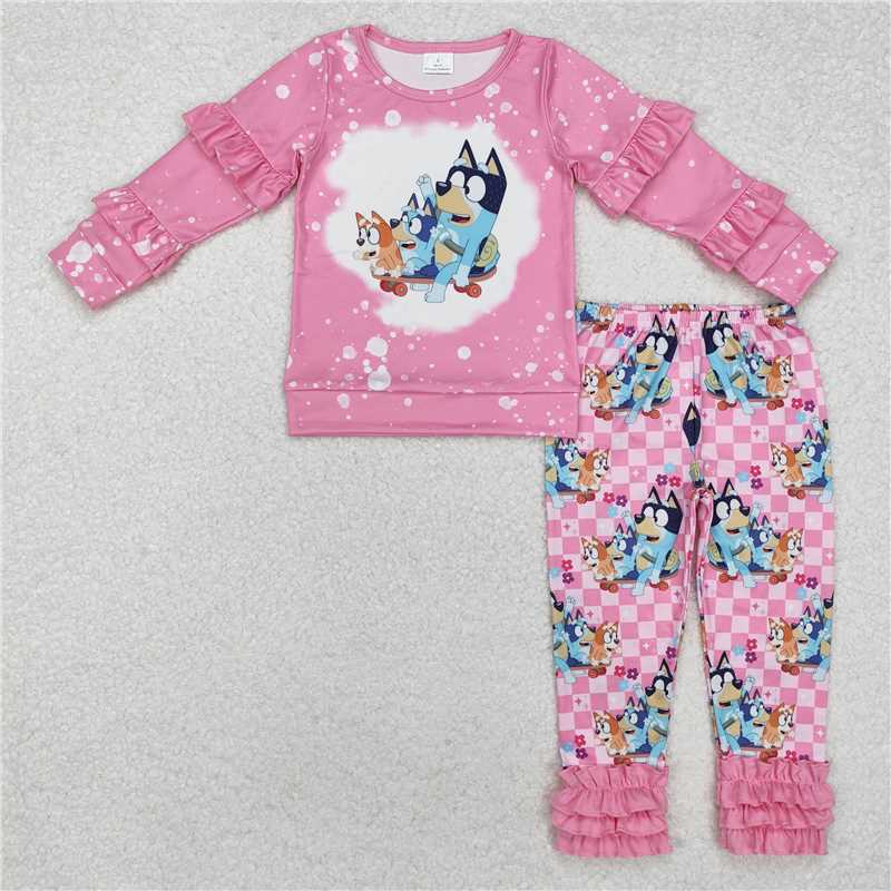 GLP2088Pink bleached dog ruffle top pants girls clothing set