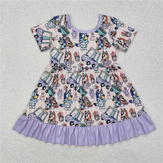 12.24 RTS NO MOQ （In stock）GSD1491 Baby Girls Purple Dog Easter Rabbits Knee Length Dresses