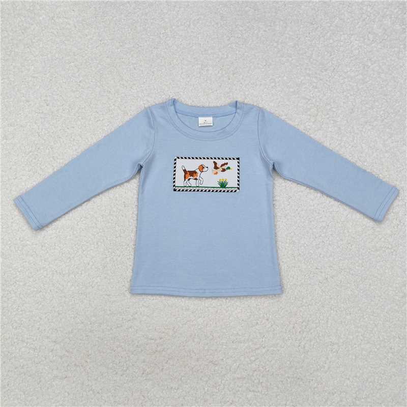 BT1007  Baby Boys Blue Dog Duck Hunting Long Sleeve Tee Shirts Tops
