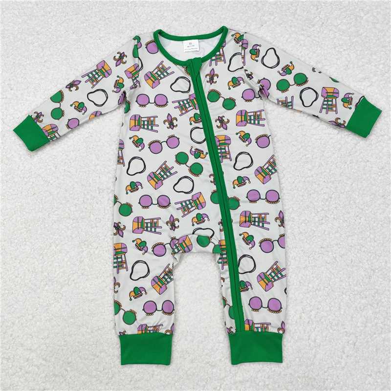 12.20 RTS NO MOQ （In stock）LR2039 Baby Infant Boys Mardi Gras Zip Long Sleeve Rompers