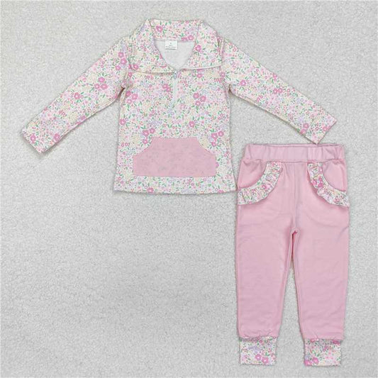 GLP2118Pink floral pocket zip pullover pants girls clothing set