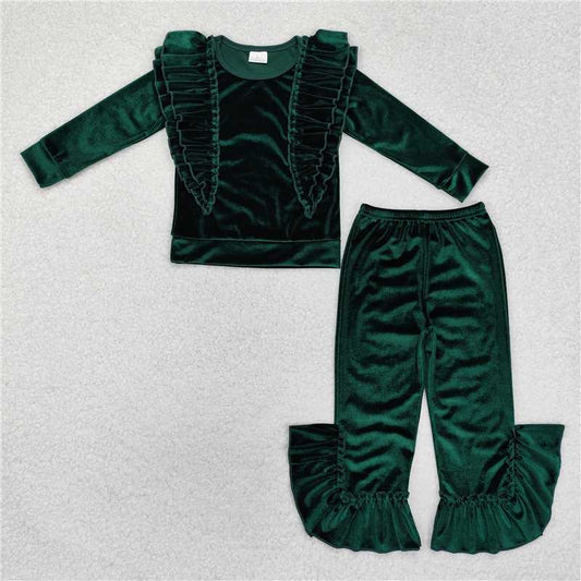 GLP2165Green velvet ruffle top pants kids girls outfits