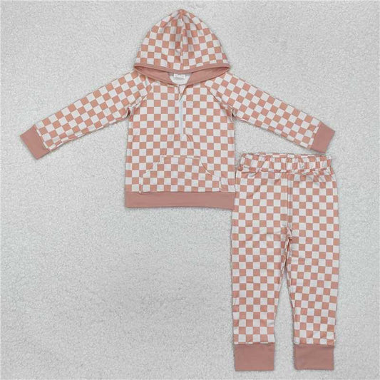 GLP1989  Sibling Boys Baby Girls Checkered Zip Hooded Top Pants Clothes Sets