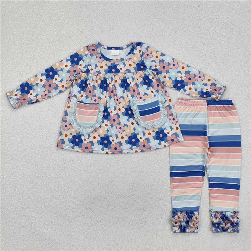 GLP2144Colorful floral tunic stripe icing ruffle leggings girls clothes