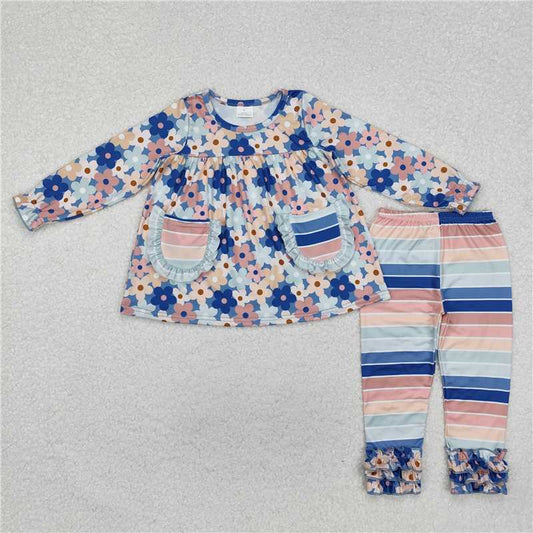 GLP2144Colorful floral tunic stripe icing ruffle leggings girls clothes