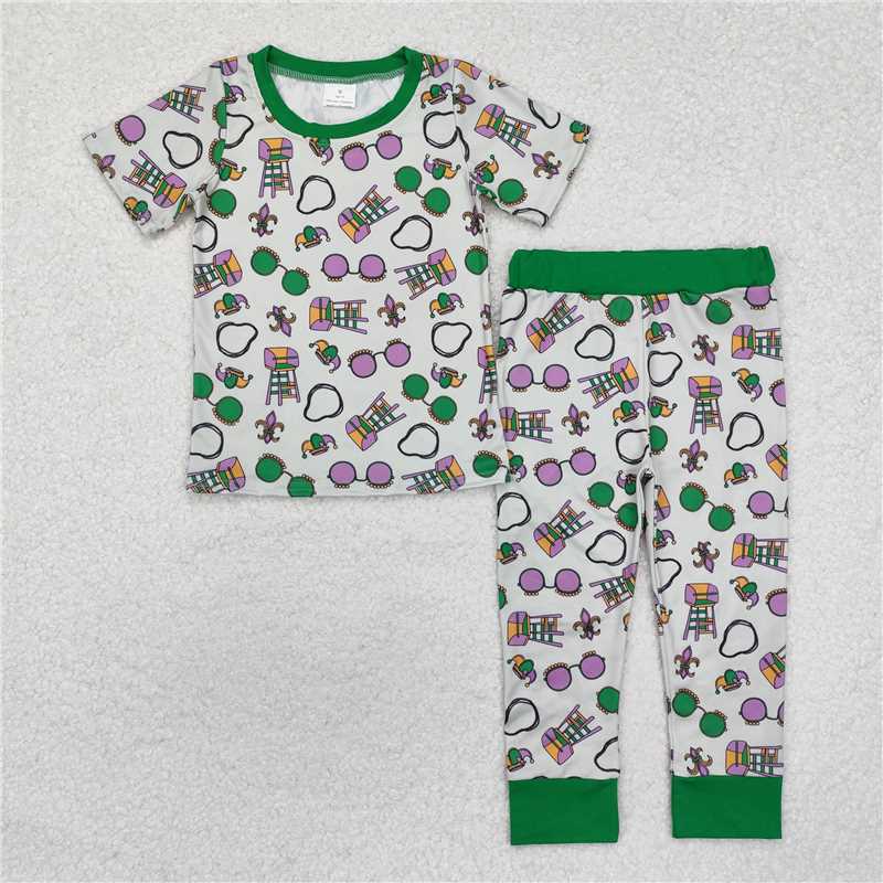 12.19 RTS NO MOQ （In stock）BSPO0495 Baby Boys Green Mardi Gras Top Pants Pajamas Clothes Sets