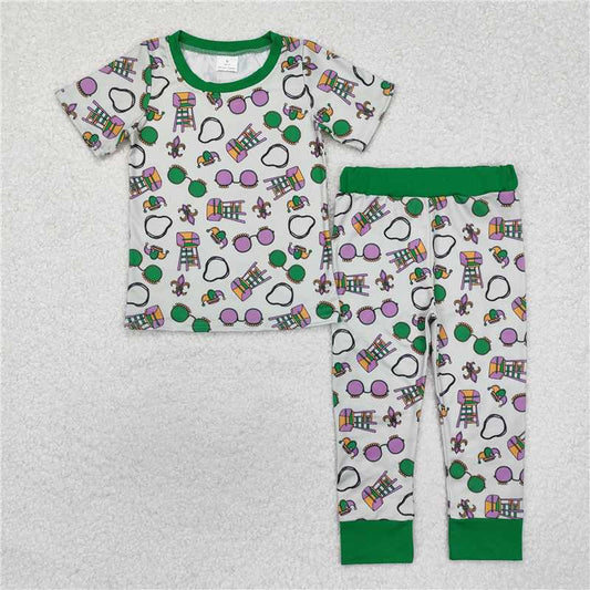 12.19 RTS NO MOQ （In stock）BSPO0495 Baby Boys Green Mardi Gras Top Pants Pajamas Clothes Sets