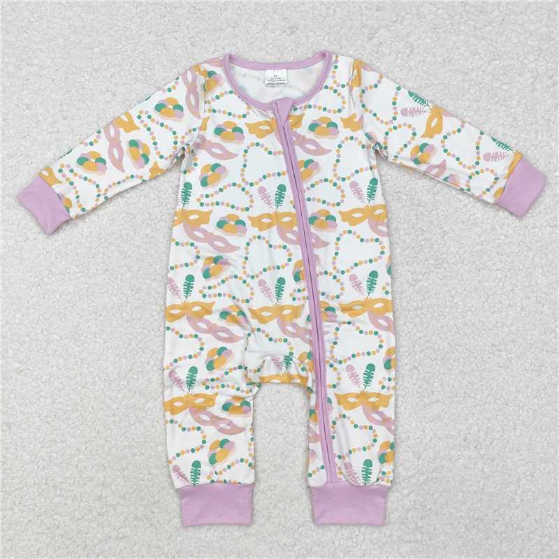 12.18 RTS NO MOQ （In stock）LR2097 Baby Infant Girls Mardi Gras Masks Lavender Zip Rompers