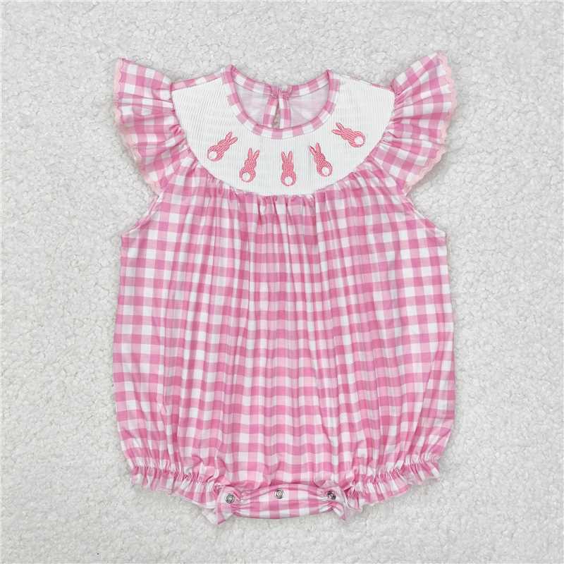 12.24 RTS NO MOQ （In stock）SR2215 Baby Infant Girls Easter Rabbits Checkered Smocked Rompers