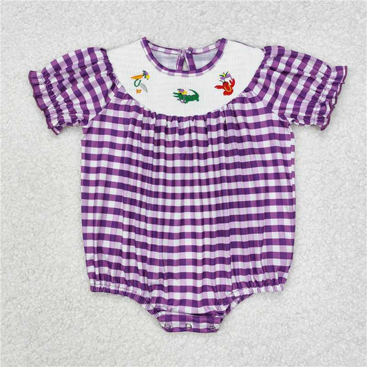 12.18 RTS NO MOQ （In stock）SR2060 Baby Infant Girls Mardi Gras Purple Checkered Smocked Rompers