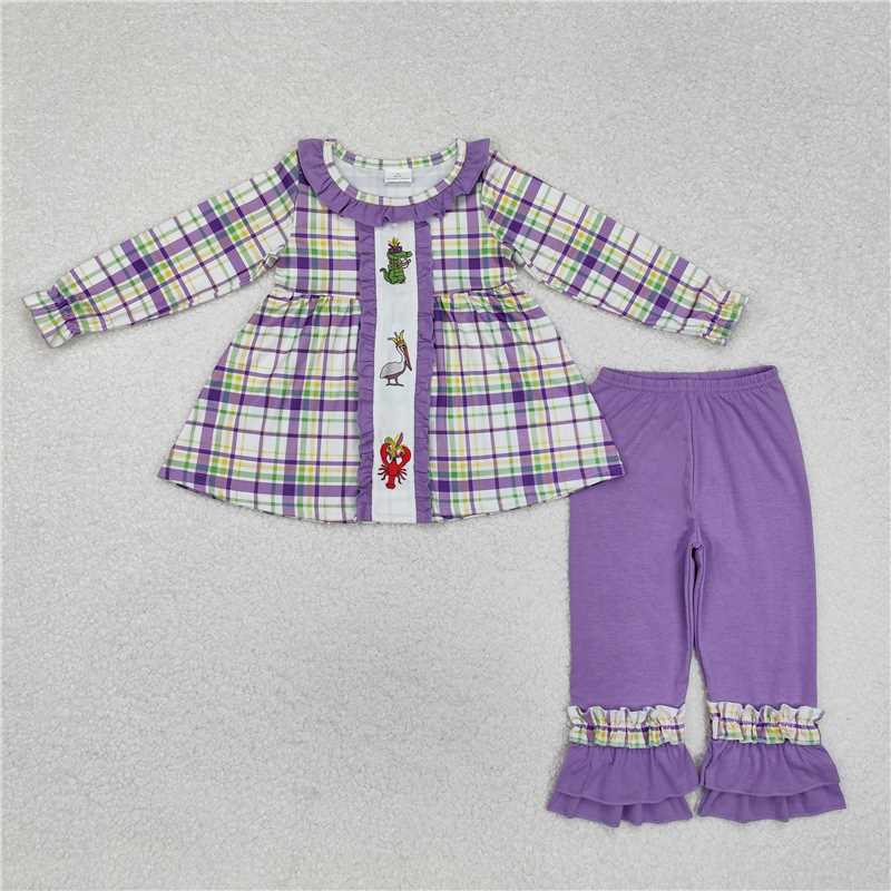 12.18 RTS NO MOQ （In stock）GLP2114 Baby Girls Checkered Crawfish Mardi Gras Tunic Ruffle Pants Clothes Sets