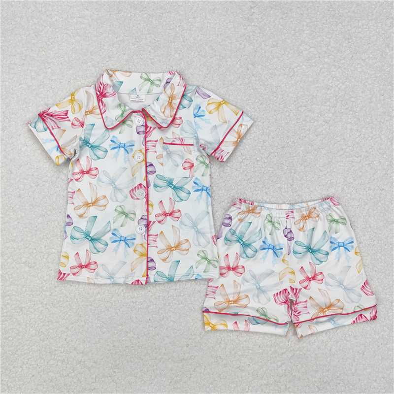 Girls Pink Bow Button down Top Ruffle Shorts Pajamas Set Cute Sleepwear for Little Girls