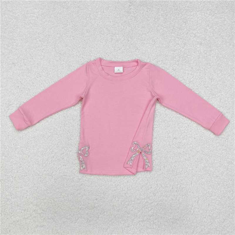 GT0872  Baby Girls Pink Long Sleeve Bows Side Embroidery Tee Shirts Tops