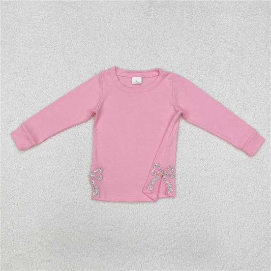 GT0872  Baby Girls Pink Long Sleeve Bows Side Embroidery Tee Shirts Tops