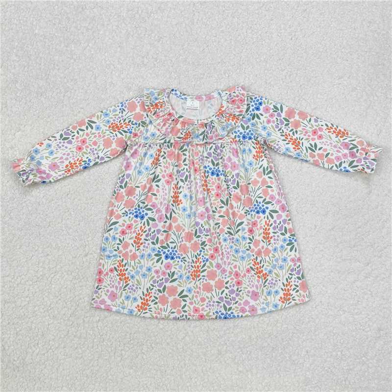 GLD0982 Baby Girls Spring Orange Flowers Ruffle Knee Length Dresses