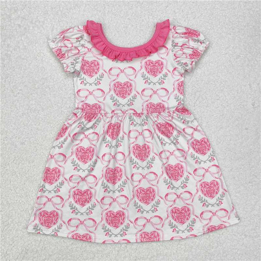 GSD1512  Short sleeves heart pink bow floral baby girls valentine's dress