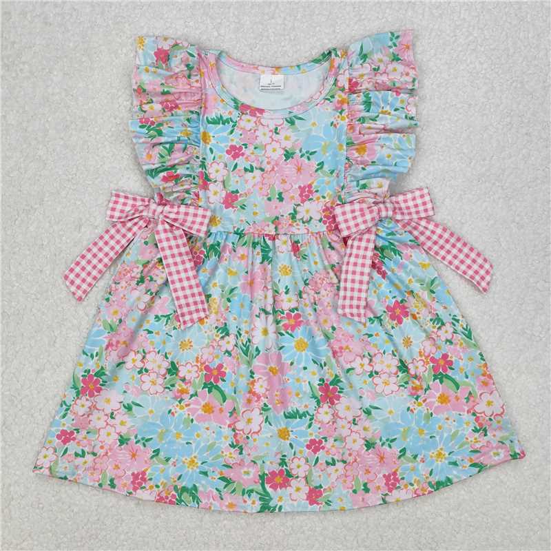 11.28 RTS NO MOQ （In stock）Matching GSD1962 Baby Girls Blue Pink Flowers Bows Knee Length Dresses