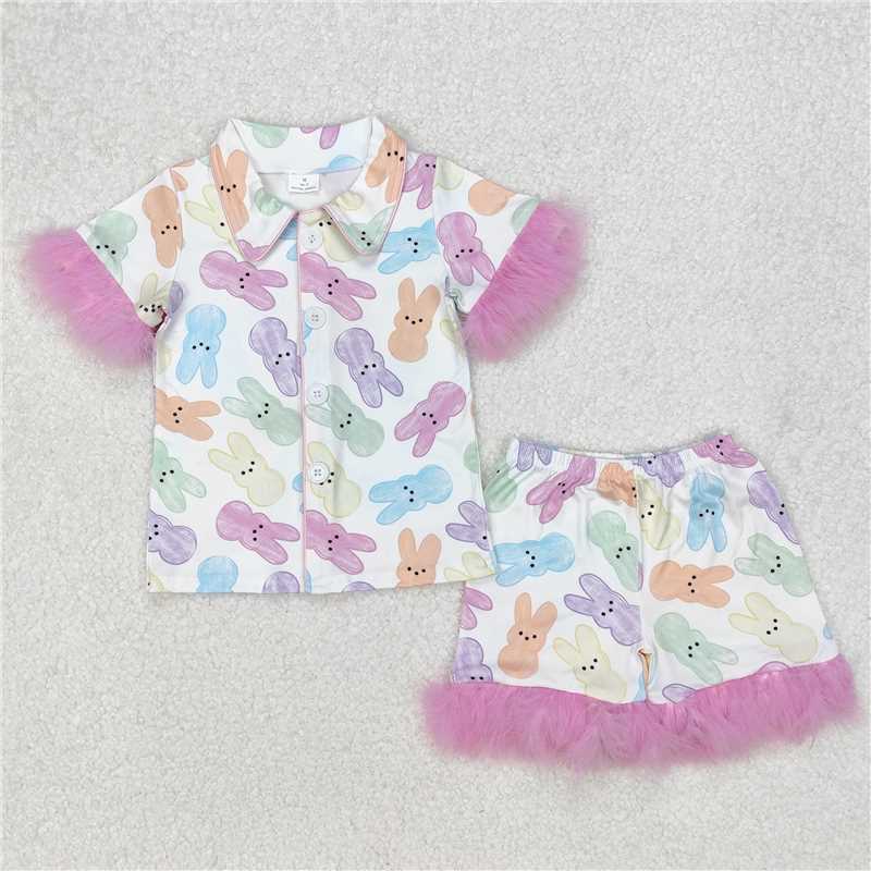 12.25 RTS NO MOQ （In stock）GSSO2020 Baby Girls Easter Rabbits Fur Shirt Shorts Pajamas Clothes Sets