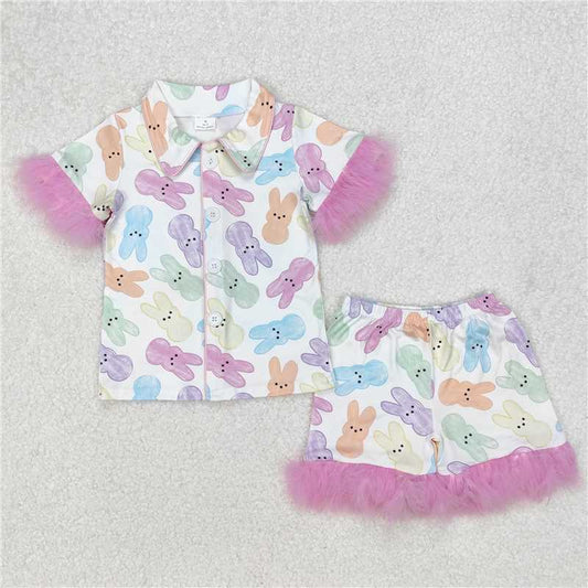 12.25 RTS NO MOQ （In stock）GSSO2020 Baby Girls Easter Rabbits Fur Shirt Shorts Pajamas Clothes Sets