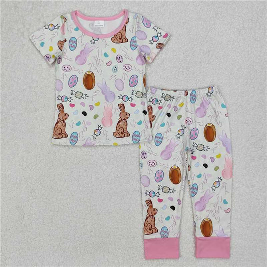 12.23 RTS NO MOQ （In stock）GSPO1960 Baby Girls Easter Rabbits Eggs Shirt Pants Pajamas