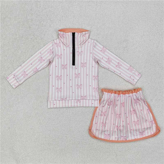 11.24 RTS NO MOQ （In stock）Matching GLD1004  Baby Girls Pink Orange Bows Zip Top Skort Skirt Clothes Sets