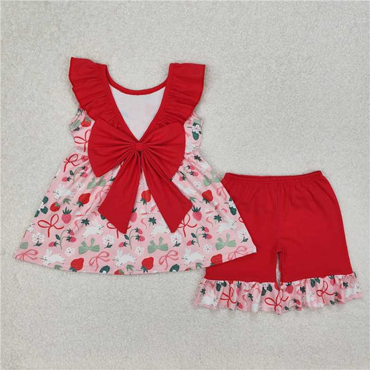 12.25 RTS NO MOQ （In stock）GSSO1914 Baby Girls Strawberry Bows Tunic Ruffle Shorts Clothes Sets