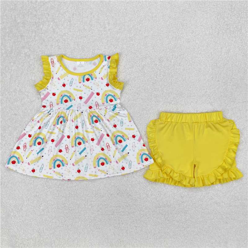 12.29 RTS NO MOQ （In stock）GSSO1913 Baby Girls Rainbow Back To School Tunic Ruffle Shorts Clothes Sets
