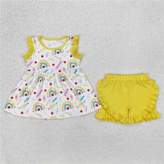 12.29 RTS NO MOQ （In stock）GSSO1913 Baby Girls Rainbow Back To School Tunic Ruffle Shorts Clothes Sets
