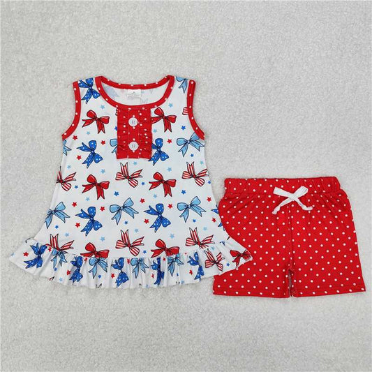 1.6 RTS NO MOQ （In stock）GSSO1991 4th of July Baby Girls 4th Of July Bows Tunic Shorts Sets