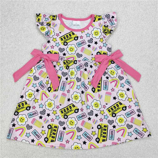 12.27 RTS NO MOQ （In stock）GSD1822 Baby Girls Bus Back To School Bows Knee Length Dresses