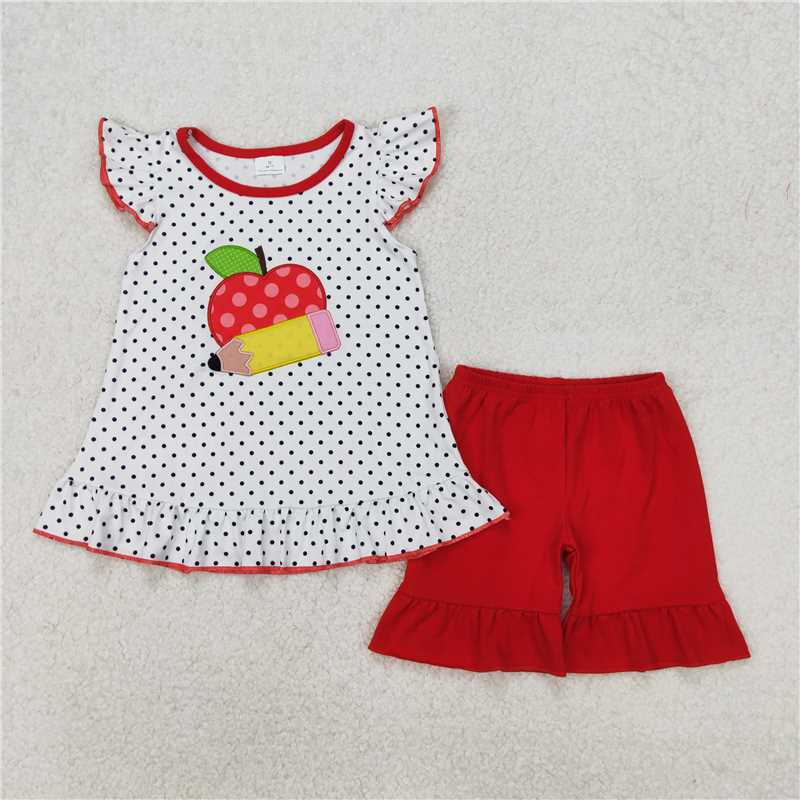 12.29 RTS NO MOQ （In stock）GSSO2071 Baby Girls Back To School Apple Pencel Tunic Top Shorts Clothes Sets