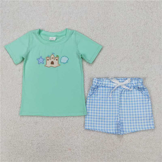 12.30 RTS NO MOQ （In stock）Matching BSSO1266 Baby Boys Beach Castle Shirt Shorts Sets