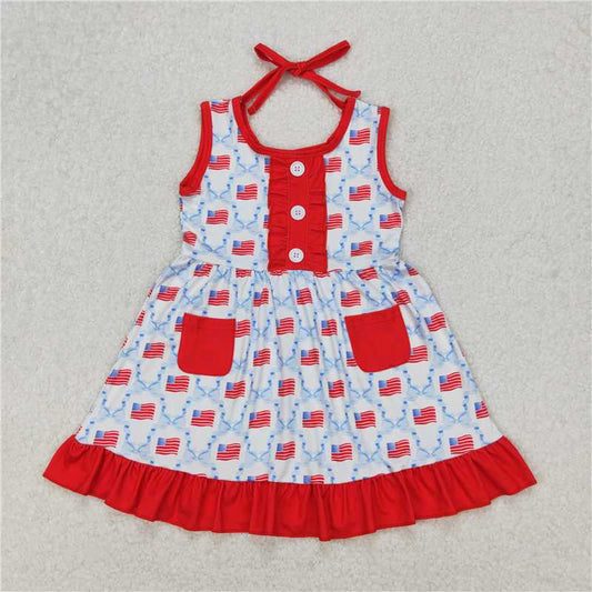 1.5 RTS NO MOQ （In stock）GSD1625 4th of July Baby Girls 4th of July Flag Bows Pockets Knee Length Dresses