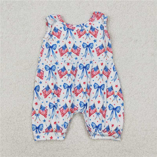 1.5 RTS NO MOQ （In stock）SR2681 4th of July Baby Infant Girls 4th Of July Bows Flags Sleeveless Rompers