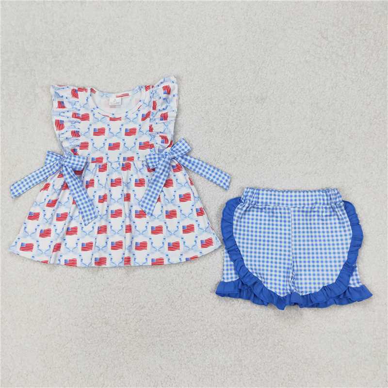 1.6 RTS NO MOQ （In stock）GSSO1684 4th of July Baby Girls Blue Bows Flag Tunic Ruffle Shorts Clothes Sets