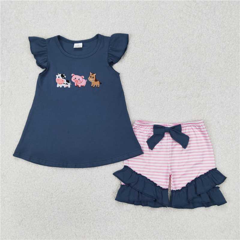 11.14 RTS NO MOQ （In stock）Matching GSSO2110 Baby Girls Blue Farm Animals Shirt Stripes Shorts Clothes Sets